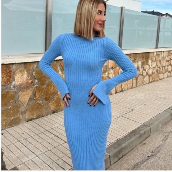 ZARA WOMAN STRETCH LONG SLEEVE BABY BLUE RIBBED KNIT MIDI MAXI DRESS $89.90 - Picture 10 of 15